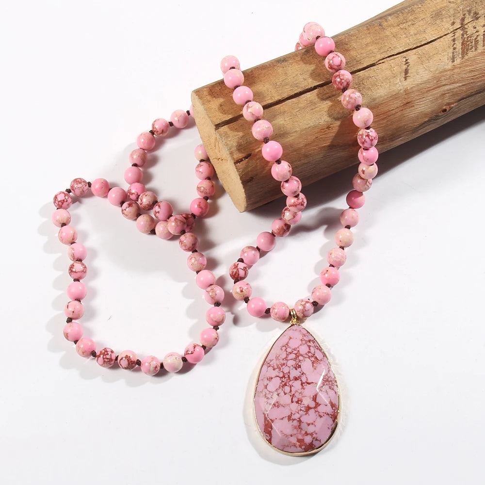Bohemian Beaded Stone Teardrop Pendant Necklace