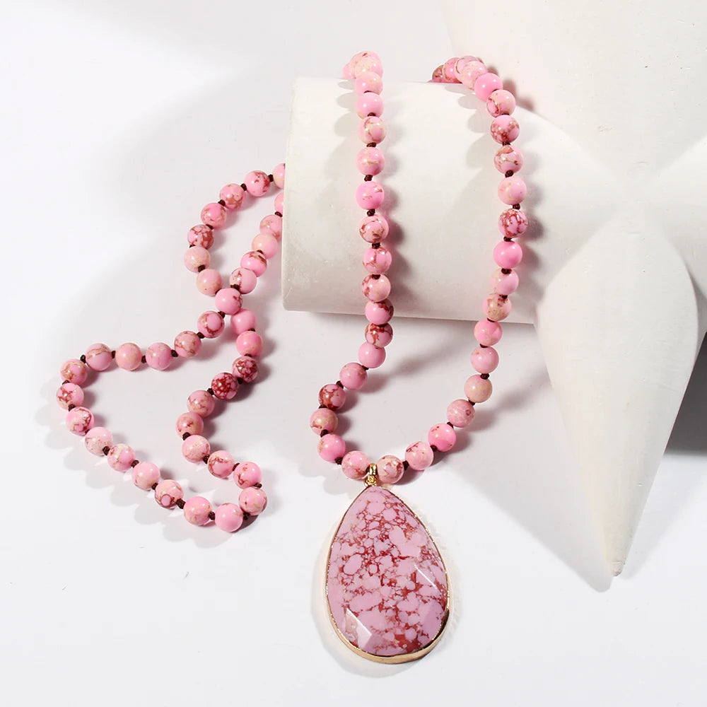 Bohemian Beaded Stone Teardrop Pendant Necklace