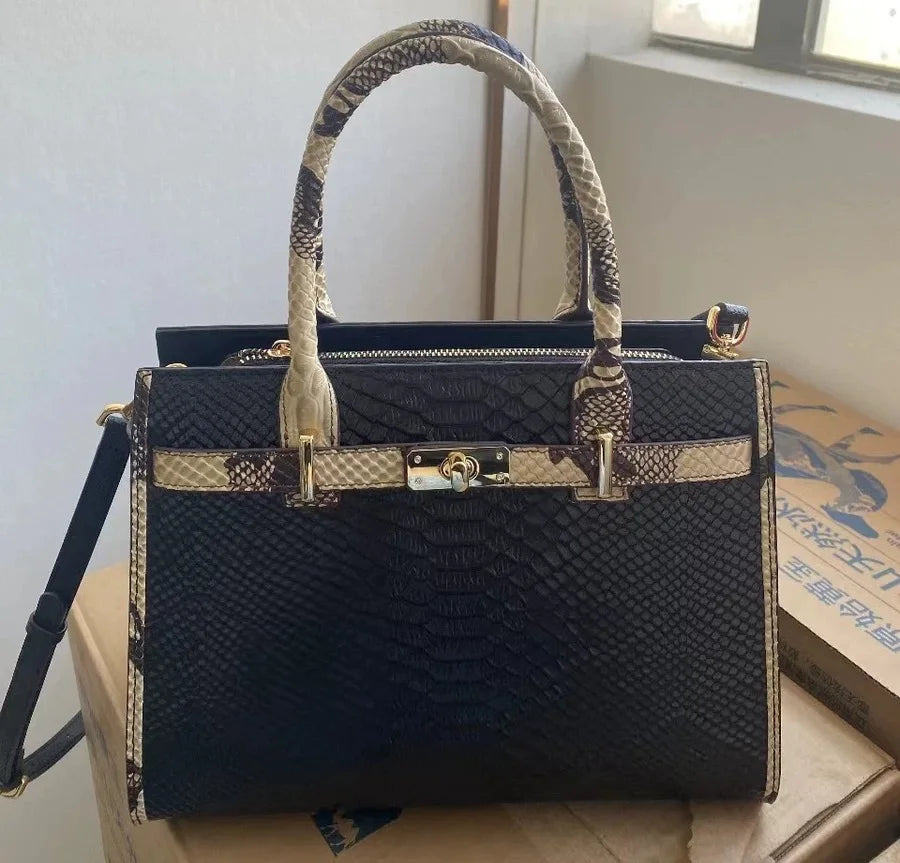 Birkin Inspired Genuine Leather Handbag - Dual Tone Snake Edition