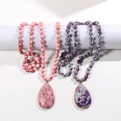 Bohemian Beaded Stone Teardrop Pendant Necklace