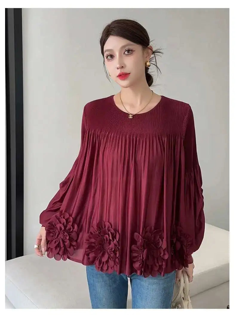 Floral Applique Round-Neck Pleated Blouse Tops