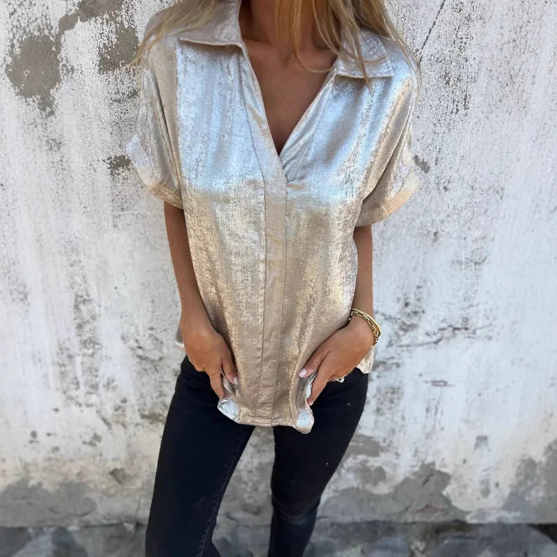 Metallic Polyester Short Sleeve Blouse