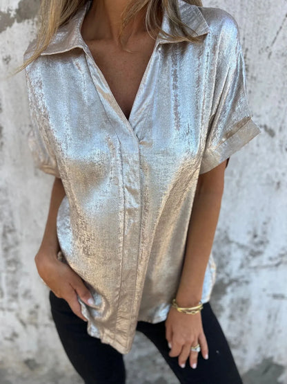 Metallic Polyester Short Sleeve Blouse
