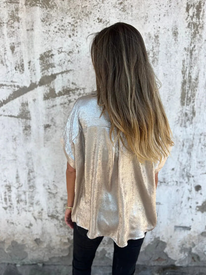Metallic Polyester Short Sleeve Blouse