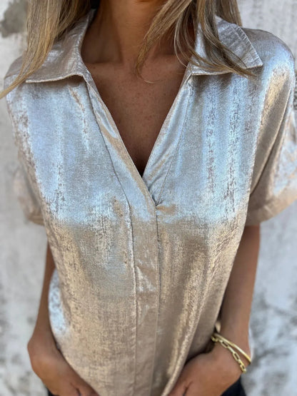 Metallic Polyester Short Sleeve Blouse