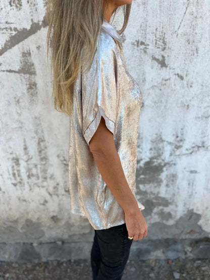 Metallic Polyester Short Sleeve Blouse