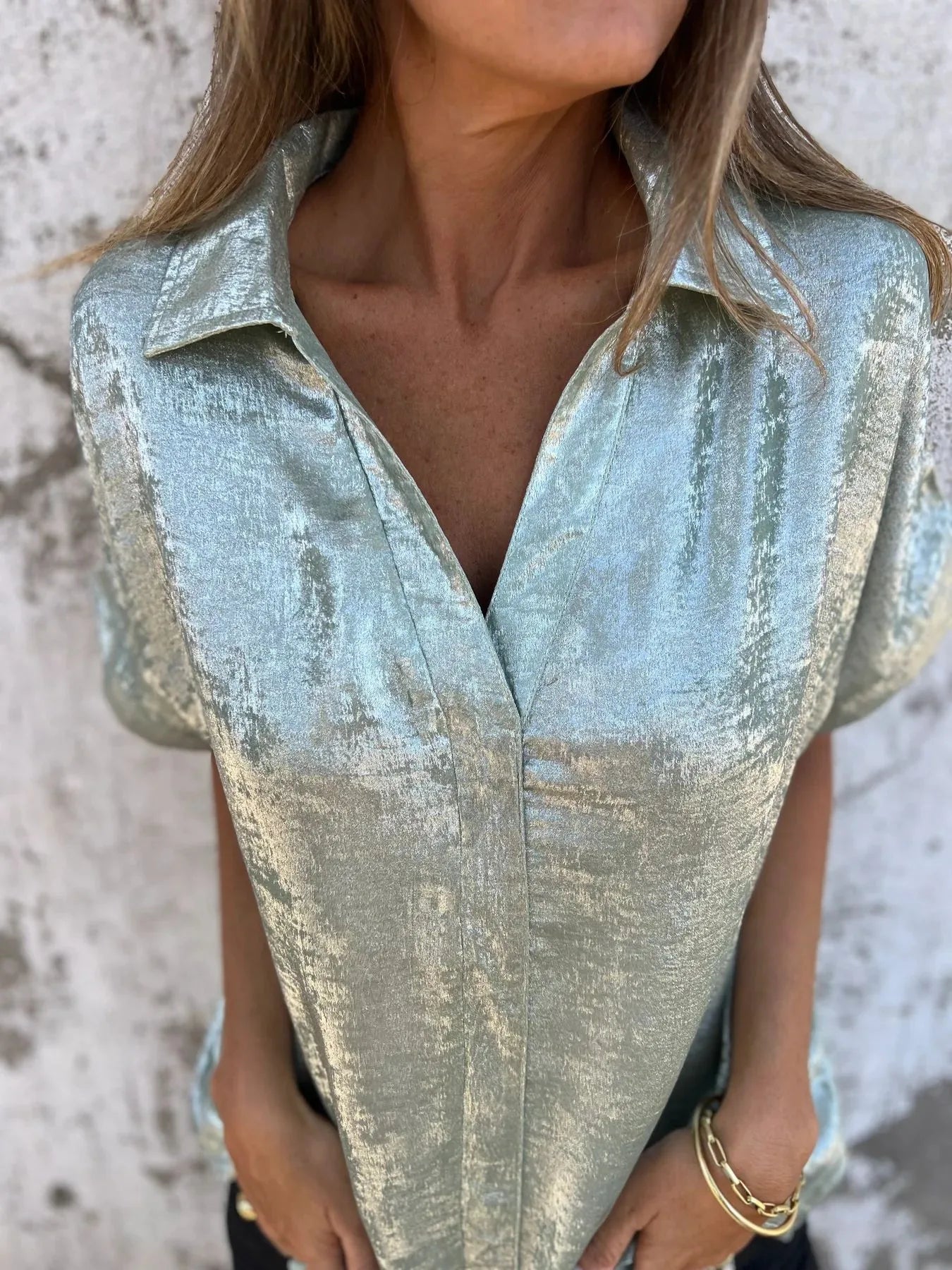 Metallic Polyester Short Sleeve Blouse