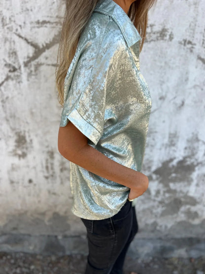 Metallic Polyester Short Sleeve Blouse