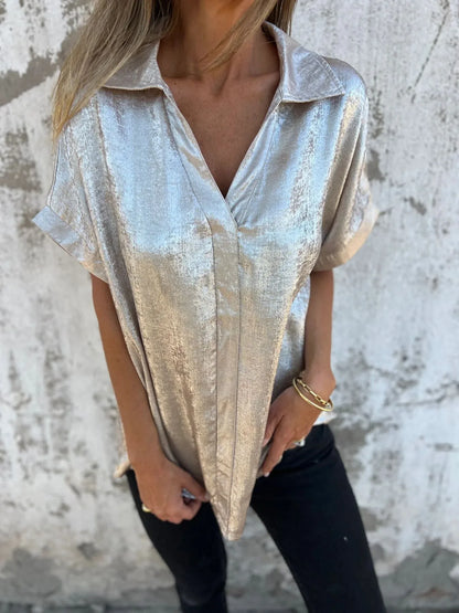 Metallic Polyester Short Sleeve Blouse