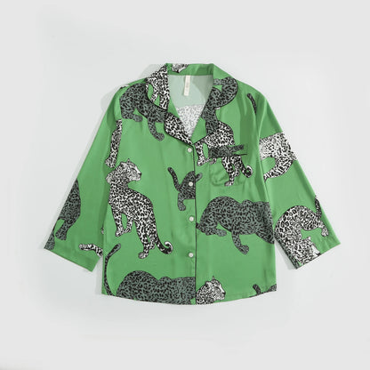 Green Leopard Silk Pajama Sleepwear Set