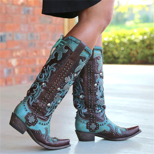 Chic Embroidered Mid-Calf Western Boots