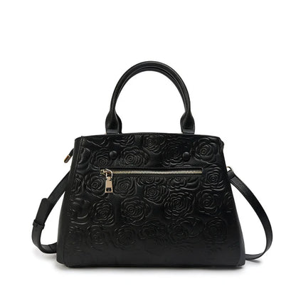 Floral Embossed Genuine Leather Handbag