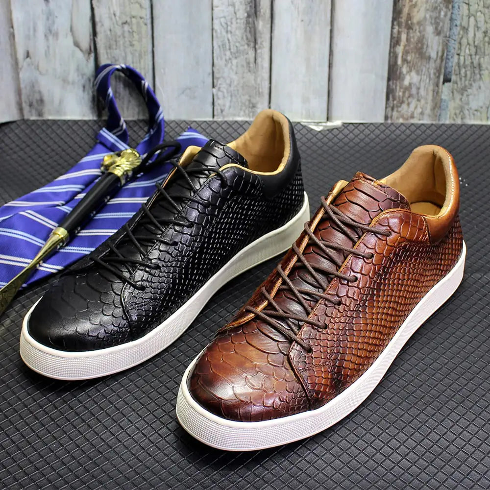 Derby Crocodile Embossed Flat Leather Sneakers