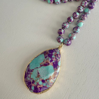 Bohemian Beaded Stone Teardrop Pendant Necklace