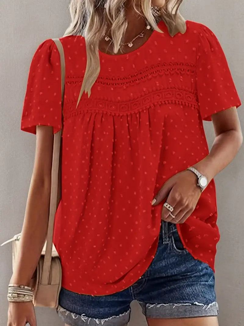 Polka Dot Textured Short Sleeved Blouse Top