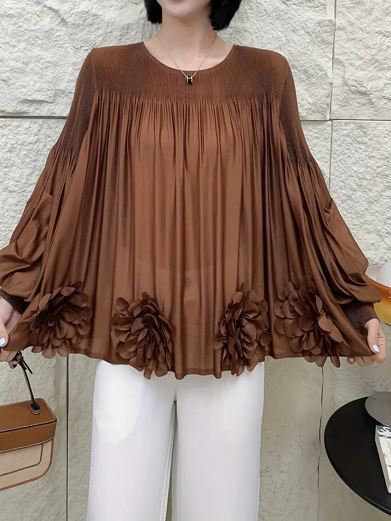 Floral Applique Round-Neck Pleated Blouse Tops