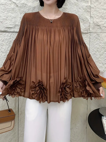 Floral Applique Round-Neck Pleated Blouse Tops