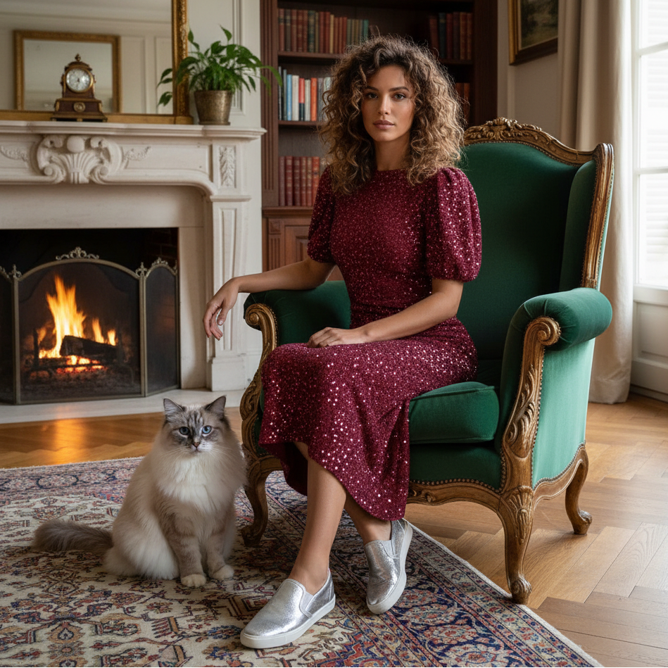 Puff Sleeve Sequin Midi Dress