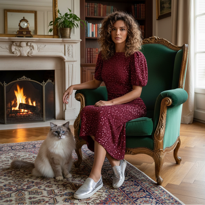 Puff Sleeve Sequin Midi Dress