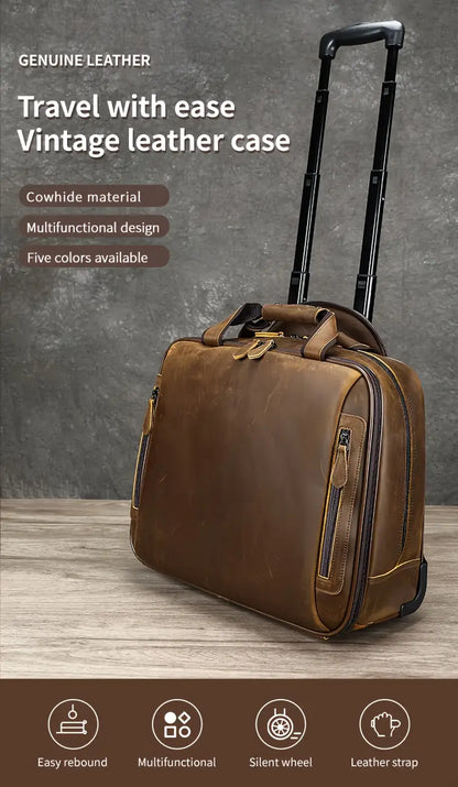 Crazy Horse Genuine Cowhide Leather Lightweight Carry-On Suitcase