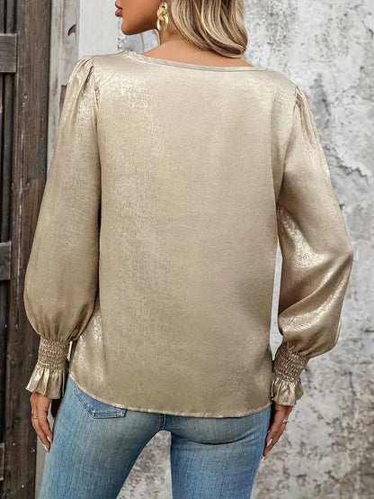 Champagne Gold Round-Neck Bell-Sleeve Top