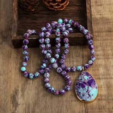 Bohemian Beaded Stone Teardrop Pendant Necklace