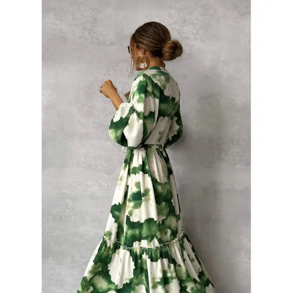 Matilda Boho Green Watercolor Maxi Dress