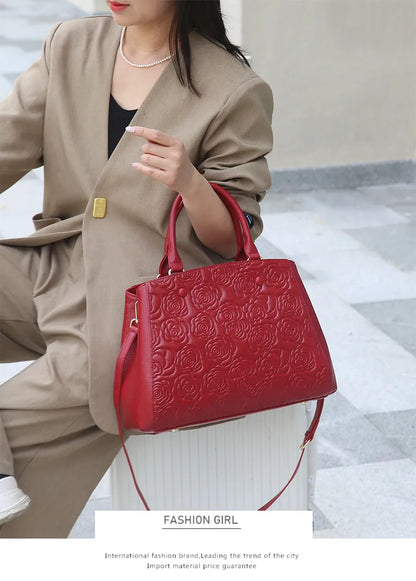 Floral Embossed Genuine Leather Handbag