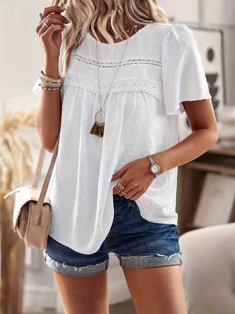 Polka Dot Textured Short Sleeved Blouse Top