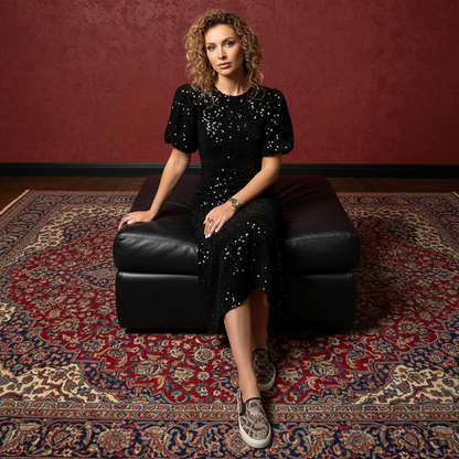 Puff Sleeve Sequin Midi Dress