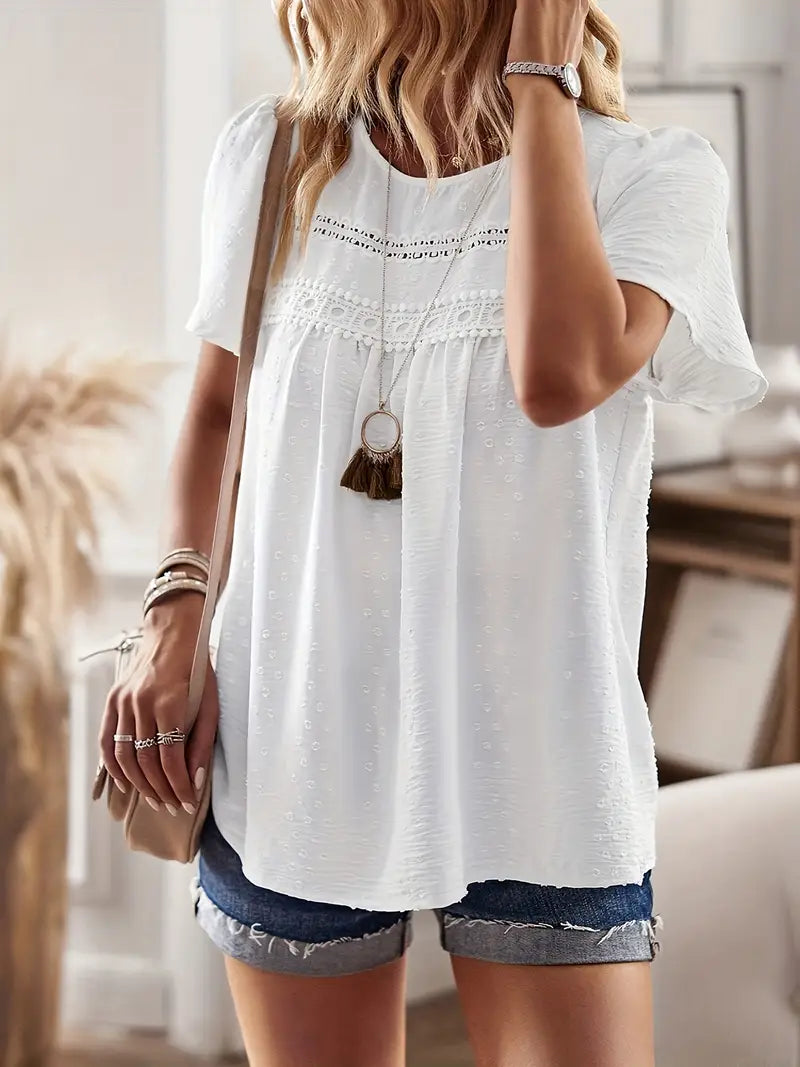 Polka Dot Textured Short Sleeved Blouse Top