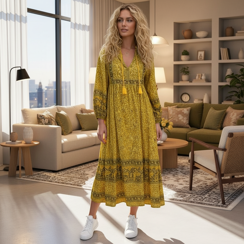 Plus Size Bohemian Long Sleeve Midi Dresses