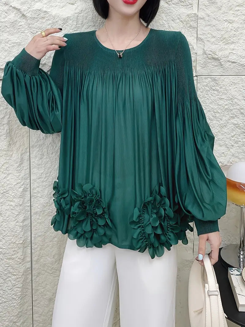 Floral Applique Round-Neck Pleated Blouse Tops