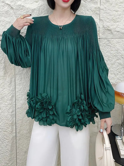 Floral Applique Round-Neck Pleated Blouse Tops