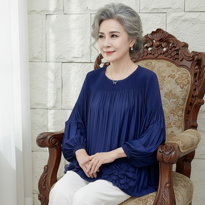 Floral Applique Round-Neck Pleated Blouse Tops