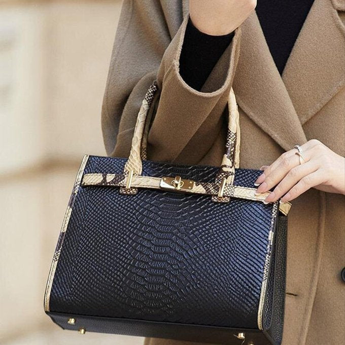 Birkin Inspired Genuine Leather Handbag - Dual Tone Snake Edition