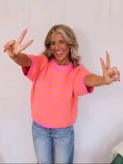 Vibrant Heart Short Sleeve Pullover Sweater Top
