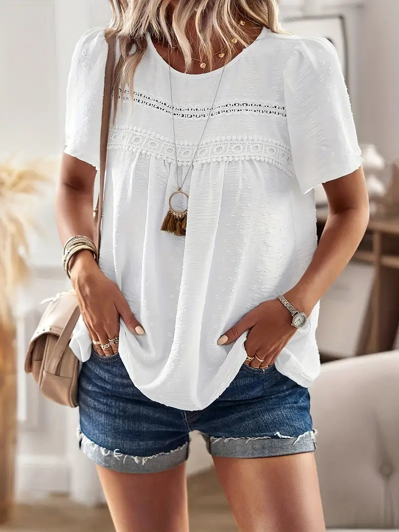 Polka Dot Textured Short Sleeved Blouse Top