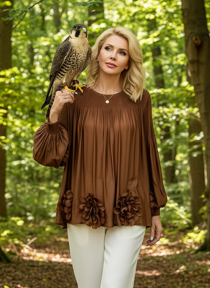 Floral Applique Round-Neck Pleated Blouse Tops