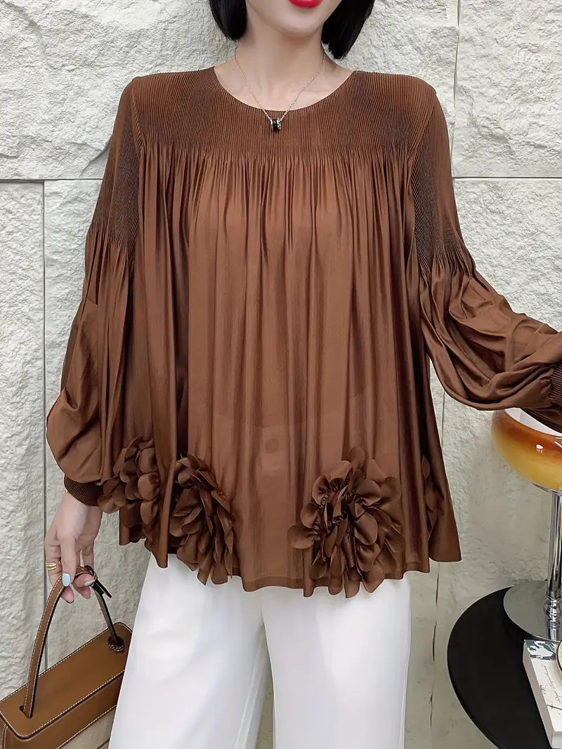 Floral Applique Round-Neck Pleated Blouse Tops