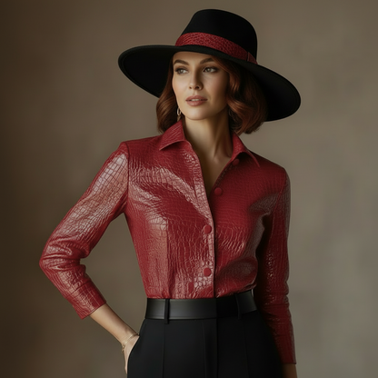 PUPU Crocodile Embossed Vegan Leather Blouse