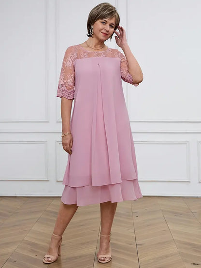 Plus Size Embroidered Chiffon Midi Dress