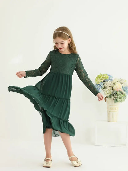 Lace Trim Long Sleeve Ruffle Dresses