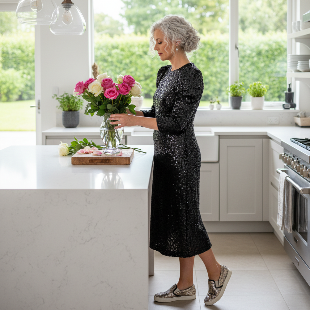 Puff Sleeve Sequin Midi Dress