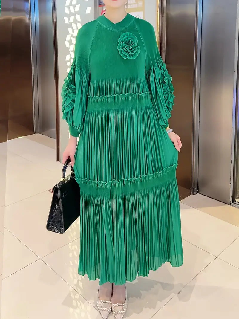 Elegant Floral Applique Fine Pleated Polyester Ruffle Dresses