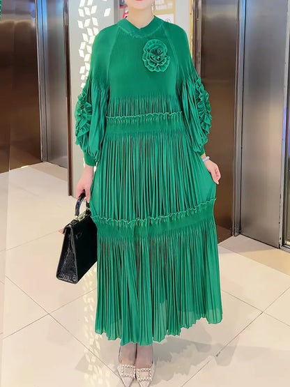 Elegant Floral Applique Fine Pleated Polyester Ruffle Dresses