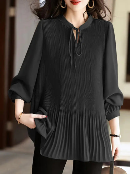 ZANZEA Plus Size Fine Pleated Long Sleeve Top