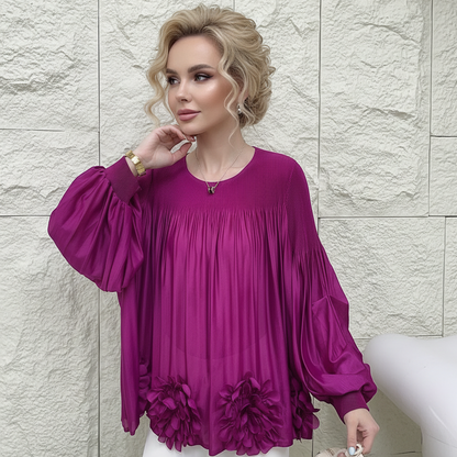 Floral Applique Round-Neck Pleated Blouse Tops