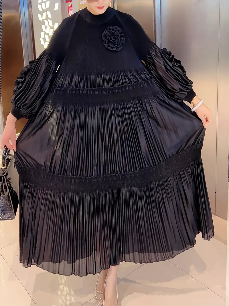 Elegant Floral Applique Fine Pleated Polyester Ruffle Dresses