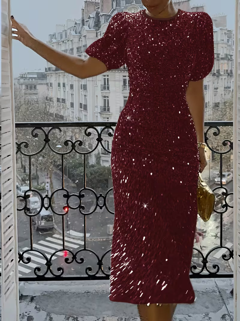 Puff Sleeve Sequin Midi Dress